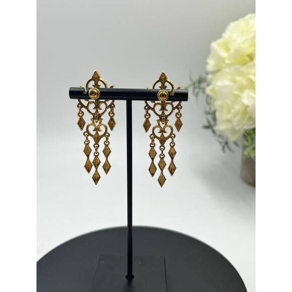 Monet Vintage High Shine Gold Plated Gold Chandelier Dangles Pierced Earrings - Picture 7 of 10
